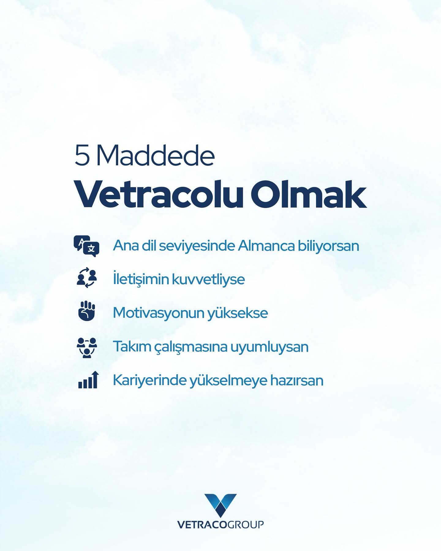 5 Maddede Vetracolu olmak Ana dil seviyesinde almanca, iletişim,motivasyon,takım çaışması,kariyer